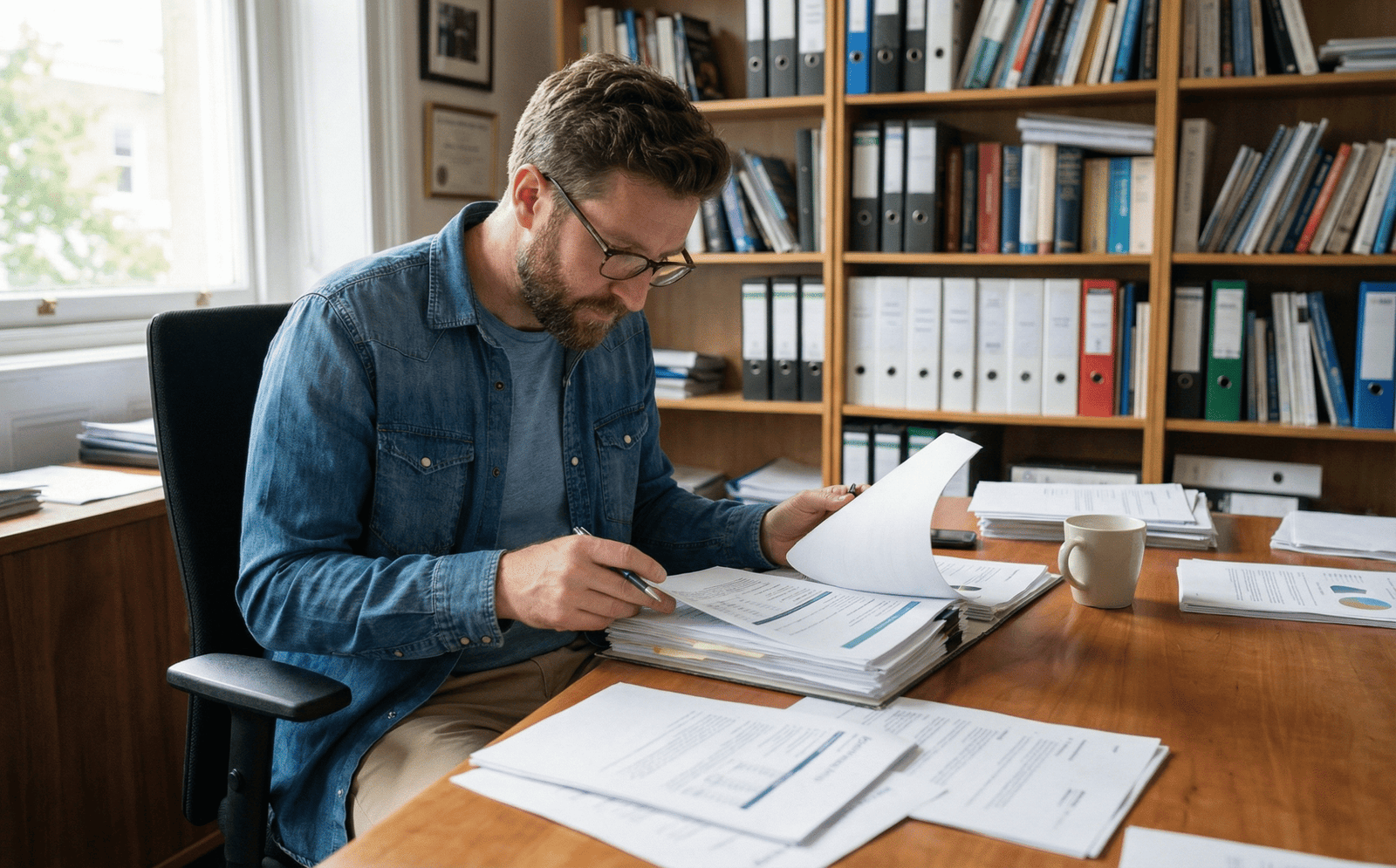 Perito tasador de vehículos revisando informe